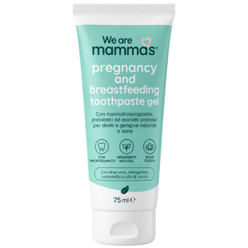 Dentifricio prebiotico senza fluoro We Are mamma’s 75 ml, tubo bianco con etichetta verde acqua