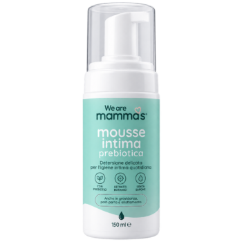 Mousse intima prebiotica We Are mamma’s 150 ml, flacone bianco con etichetta verde acqua