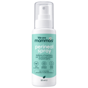 Spray perineale post-parto We Are mamma’s 50 ml, flacone bianco con etichetta verde acqua